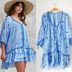 Poupette St. Barth Blue and Purple Pom Pom Boho Tunic Mini Dress Swim Beach OS